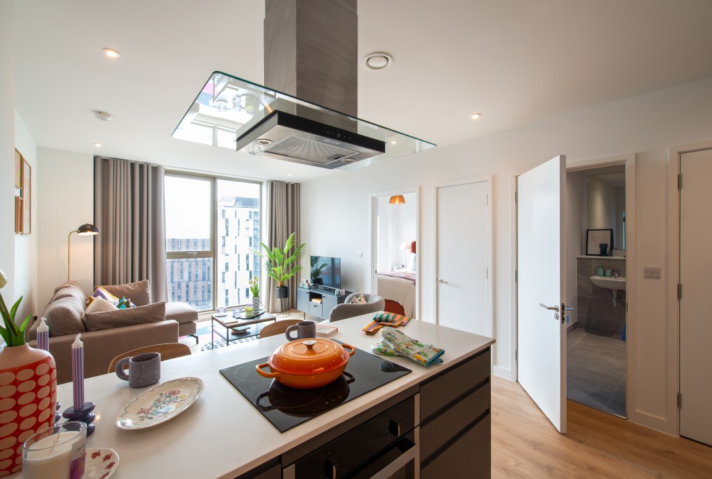 One bedroom apartment at Eda Salford Quays with floor-to-ceiling windows
